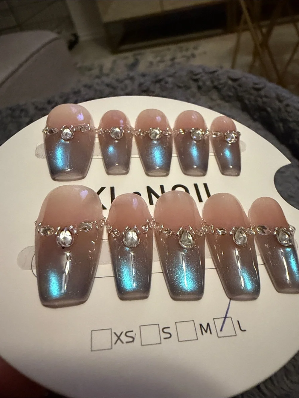 Handmade acrylic Press-On Nail Set with Iridescent Blue Ombre and Rhinestones